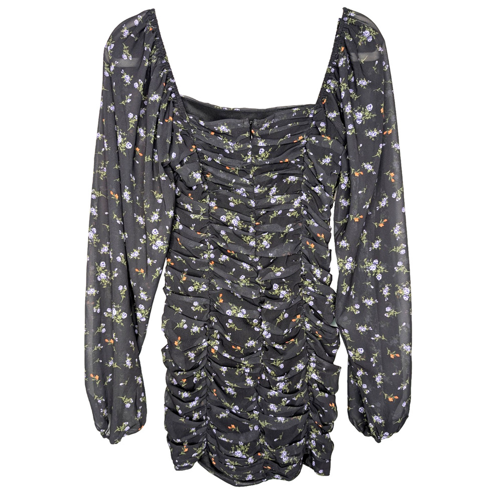 Ruched Sheer Black Floral Milkmaid Whimsigoth‎ Dark Fairy Coquette Mini Dress M - Picture 6 of 10